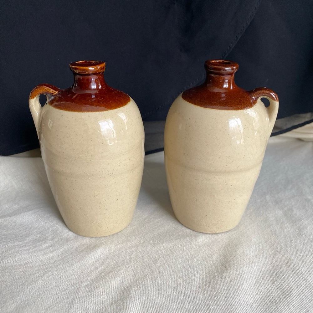 Vintage Pair of Stoneware Brown Tan Whiskey Jug Farmhouse Country Decor - USA